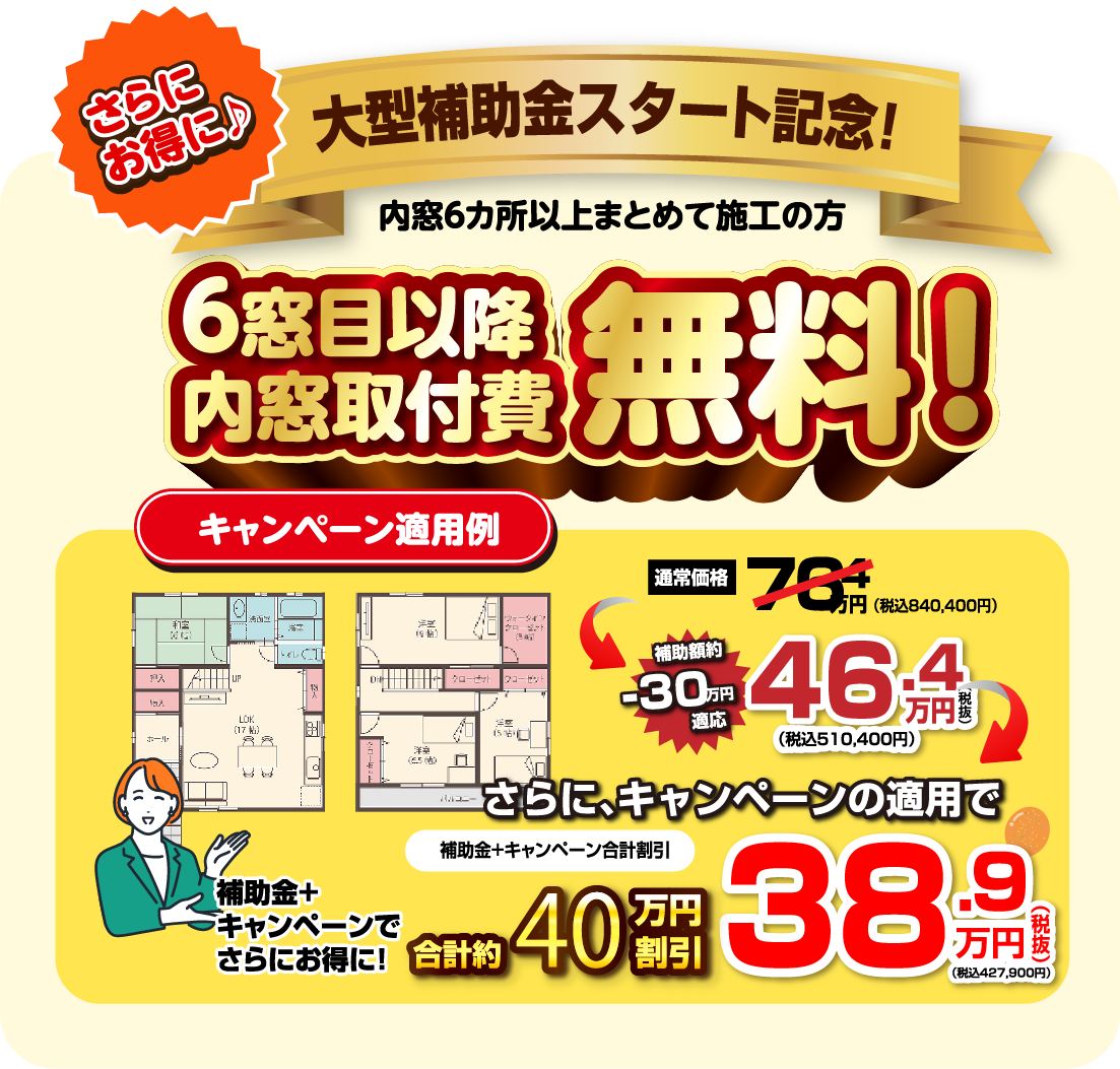 さらにお得に 大型補助金スタート記念 内窓6か所以上まとめて施工の方 6窓目以降内窓取り付け費無料 補助金適応で46.4万円 さらにキャンペーン適応で38.9万円
